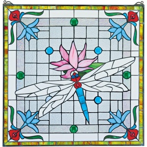image:imageDesign Toscano Stained Glass Panel  Dragonfly Pond 24W x 245H Wall Hanging Blossom Pink Handcrafted Stained Glass SculptureArt Deco
